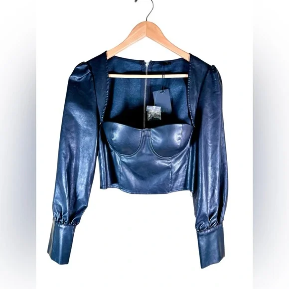 NWT NBD Black FIA Faux Leather Long Sleeve Crop Top Corset - Picture 2 of 8